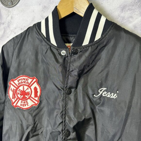 Vintage Pine River Fire Dept Jacket Mens Medium Birdie Bomber Black 90s - Picture 3 of 11
